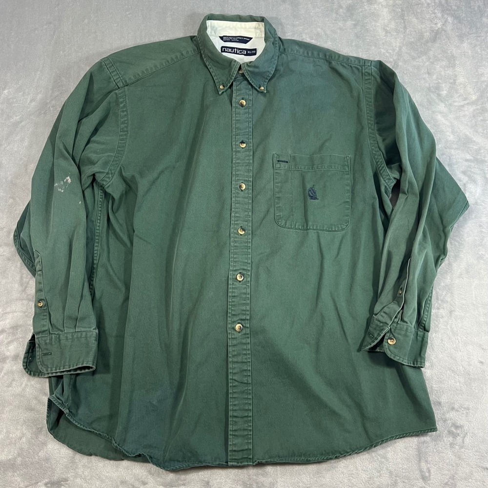 NAUTICA Vintage Mens Button Down Shirt XL LS Forest Green Cotton Twill Logo Fade